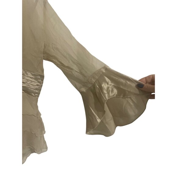 Silkland Womens Beige Silk Ruffle Hem Retro Blouse Flared Sleeves Size S Party E - Picture 2 of 5